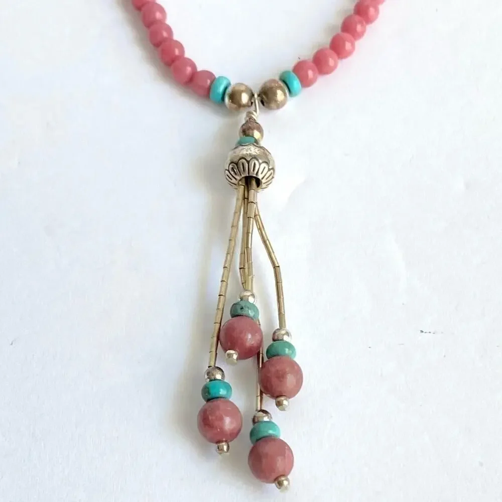 Carolyn Pollack‎ Pink Rhodonite Necklace Liquid Silver Turquoise Lariat QT Quoc